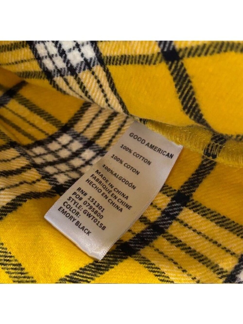 Good American Women's Flannel Size 0 Cropped Plaid Shirt Yellow & Black NEW - Picture 6 of 7